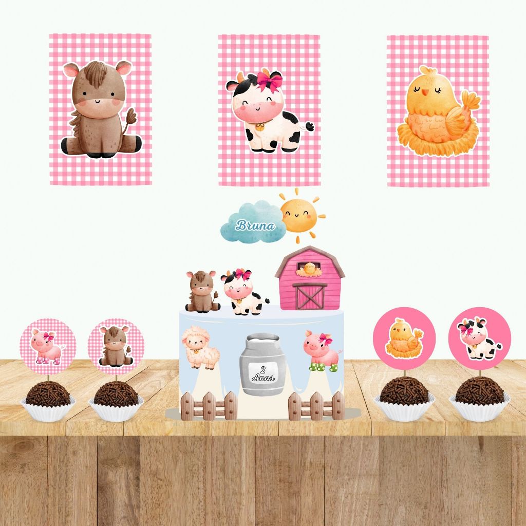 KIT FESTA PERSONALIZADO TEMA FAZENDINHA ROSA FAZENDA MENINA CAVALO PORCO  – TOPO DE BOLO + 3 PÔSTERES + 20 TAGS DE DOCES