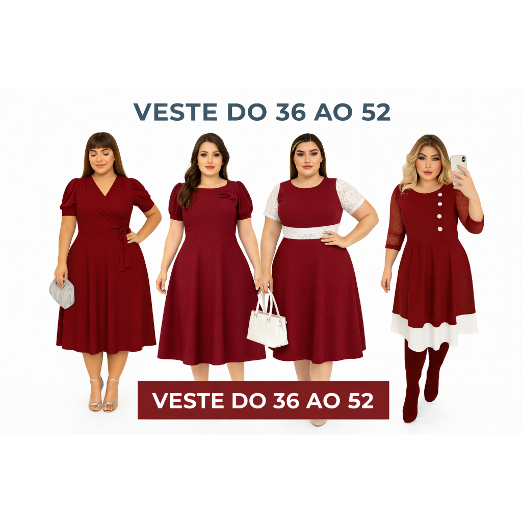 Vestido Plus Size Vermelho Social Botões ou Pregas Moda Evangélica Cristã Mais Vendido Lançamento Natalina