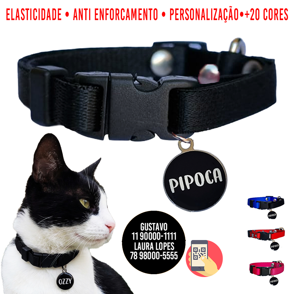 Coleira Para Gato Anti Enforcamento Elástico Premium Mais Plaquinha de Identificação Nome e Telefone