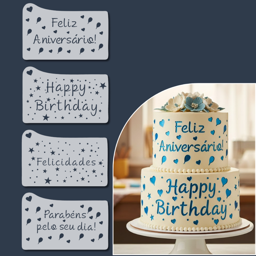 Kit 4 Stencil Carimbo Feliz Aniversário para Bolos Cupcakes e Confeitaria Molde de Fondant Flexível em Oferta na Shopee