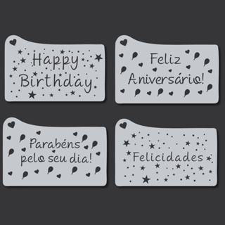 Kit 4 Stencil Molde Decorativo Bolo Cupcake "Happy Birthday" Textura Profissional para Confeitaria em Oferta na Shopee