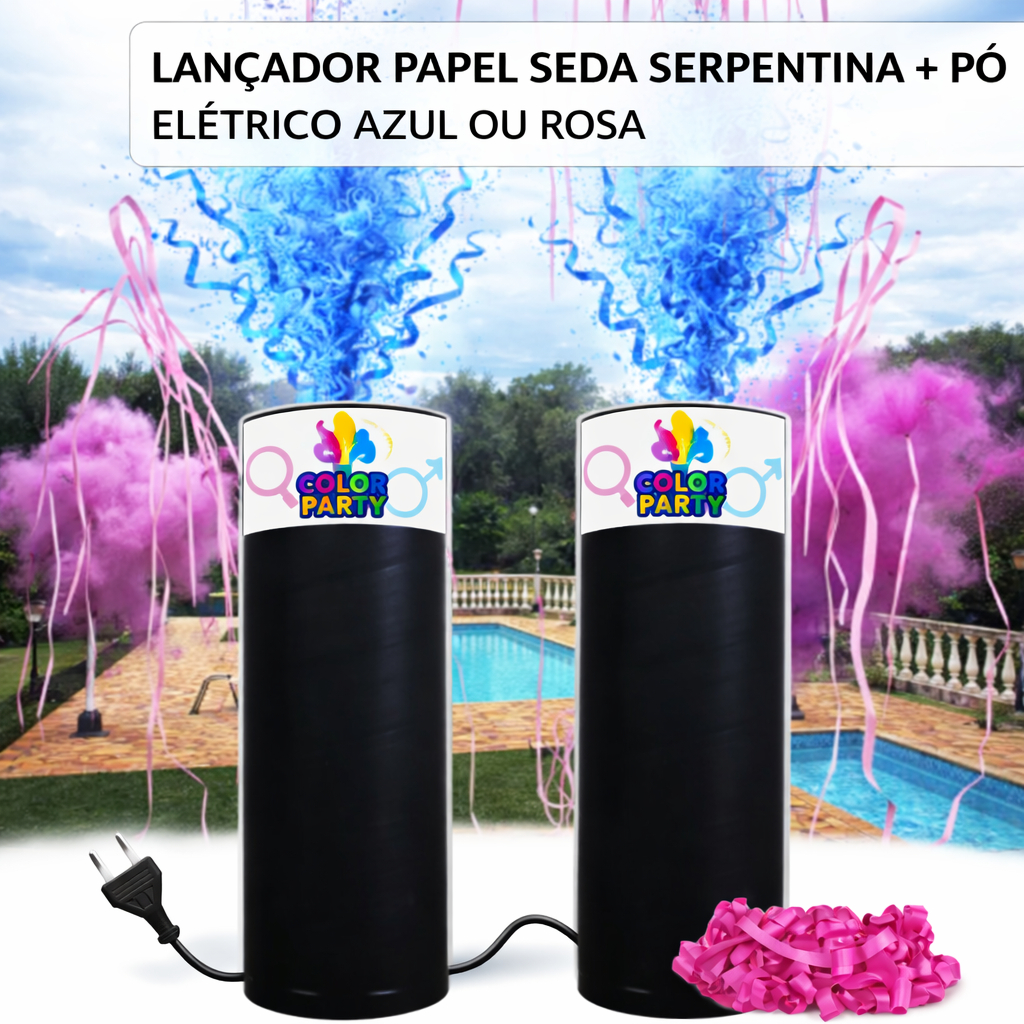 Kit Efeitos Chá Revelação 2 Tubos Lançadores Papel Serpentina + Pó Com Tomada Para Acionar