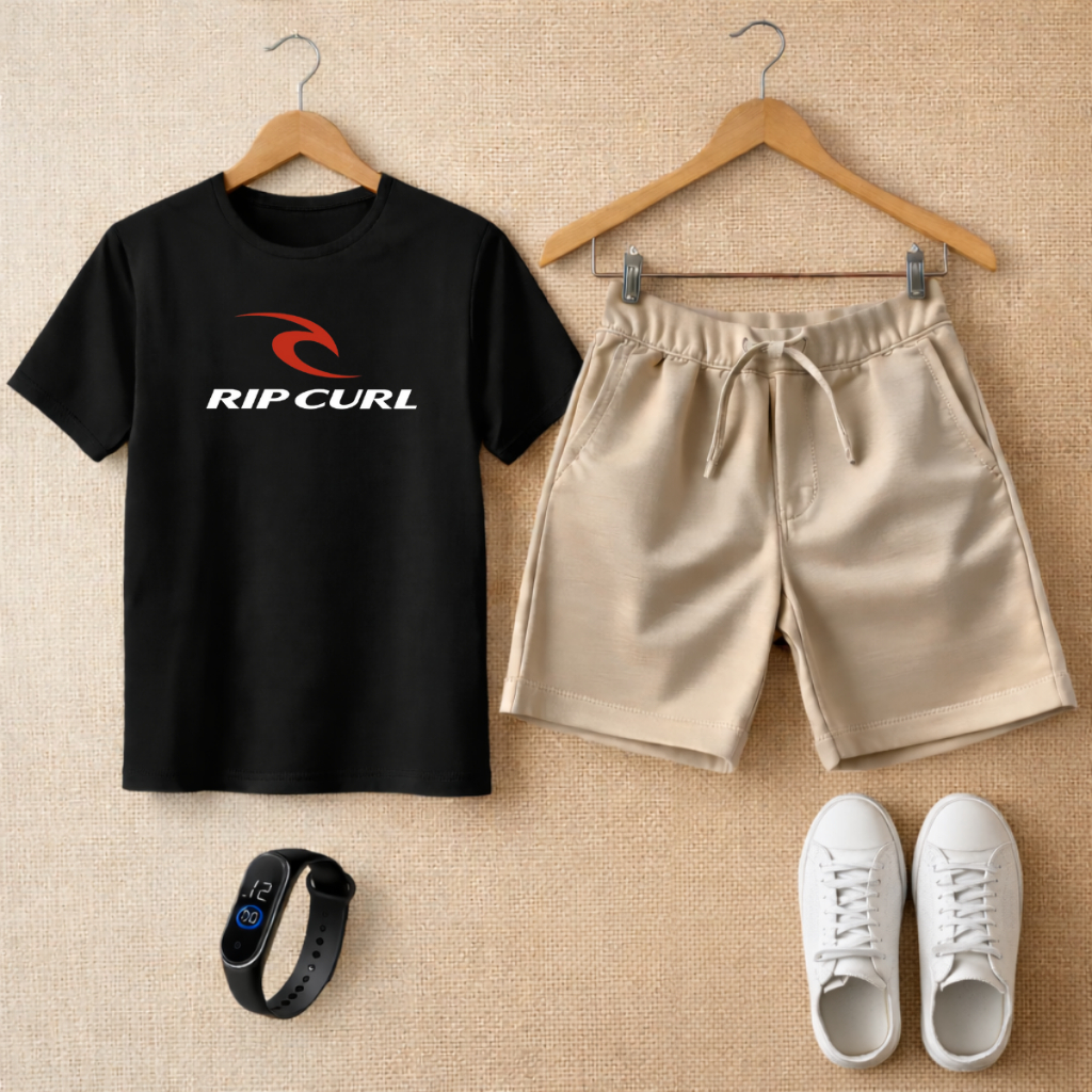 Kit Camiseta Infantil Estampada e Bermuda Moletinho com Relógio de Led Verão
