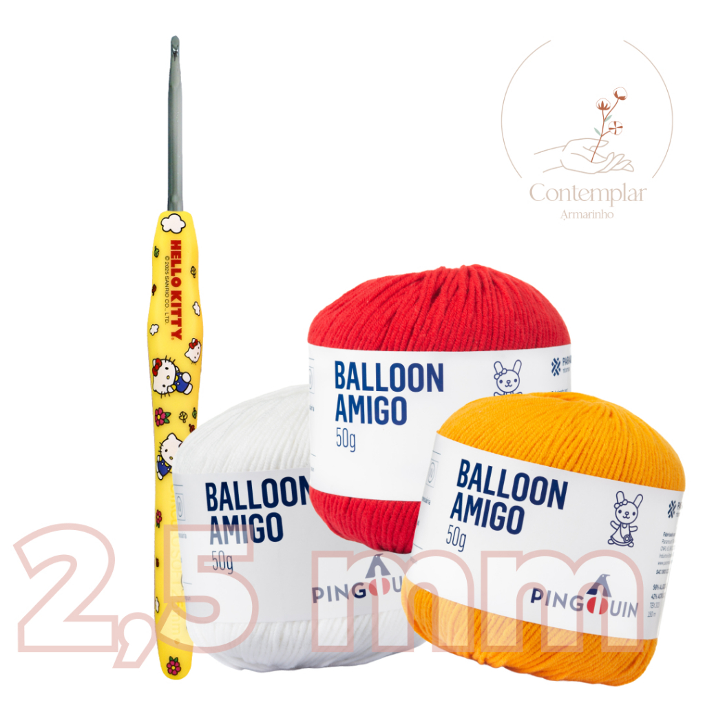 Kit 1 Fio Balloon Amigo - Pingouin + 1 agulha de crochê Soft Hello Kitty and Friends® 2,5 mm - Círculo