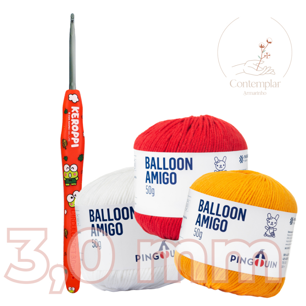 Kit 1 Fio Balloon Amigo - Pingouin + 1 agulha de crochê Soft Hello Kitty and Friends® 3,0 mm - Círculo