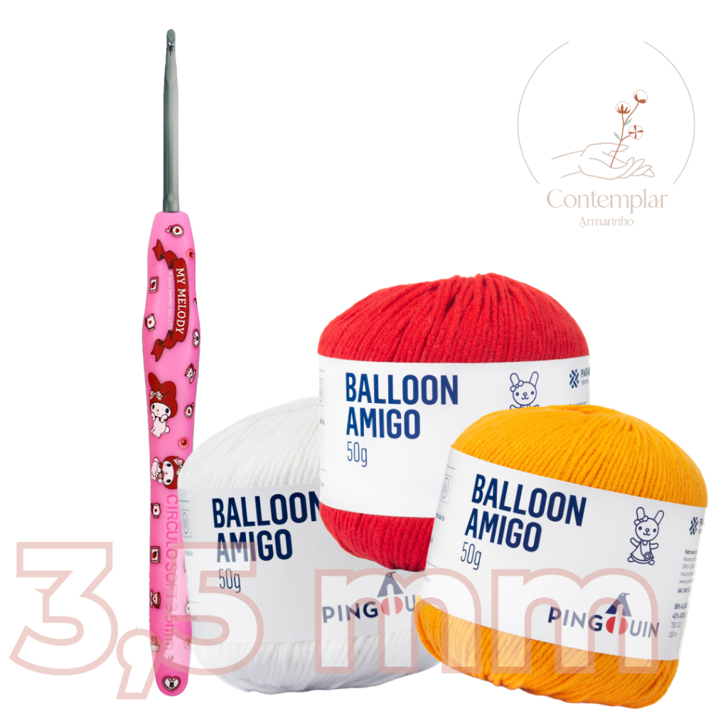 Kit 1 Fio Balloon Amigo - Pingouin + 1 agulha de crochê Soft Hello Kitty and Friends® 3,5 mm - Círculo