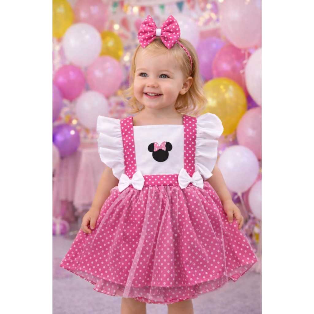 Romper poa Minie rosa chiclete com tule brilhoso infanil menina/Mesversario/Aniversário
