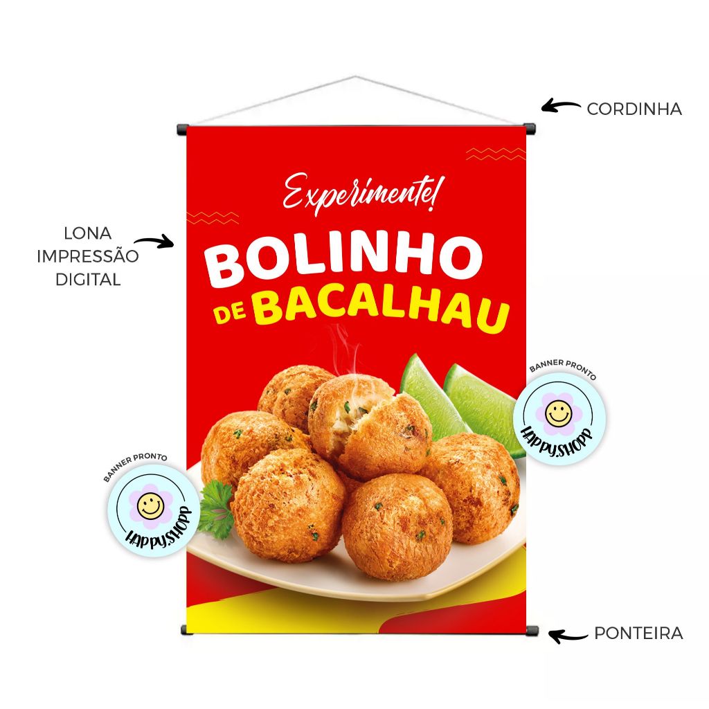 Banner pronto aqui tem experimente bolinho de bacalhau