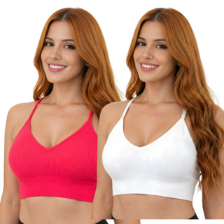 Kit 2 Pçs Top Canelado Alça Fina Decote Em V Bojo Removível em Oferta na Shopee