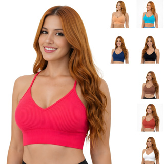 Kit 5 Pçs Top Canelado Alça Fina Decote Em V Bojo Removível em Oferta na Shopee