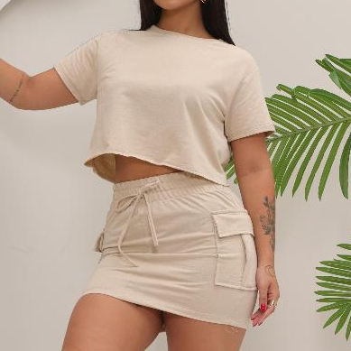 Conjunto Feminino Saia Cargo Moletinho Leve com Cropped Casual Moda Verão Luxo Confortável em Oferta na Shopee