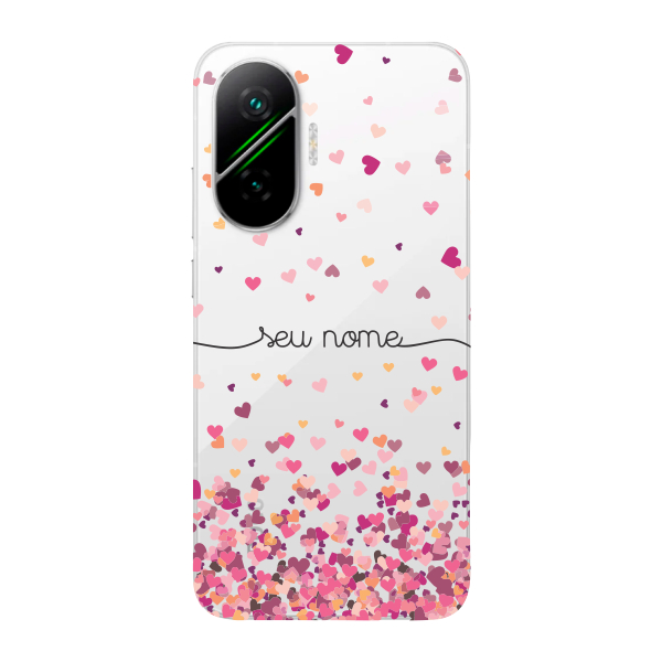 Capinha para Xiaomi Poco F7 Anti Impacto Personalizada - Chuva de corações rosa com nome em Oferta na Shopee