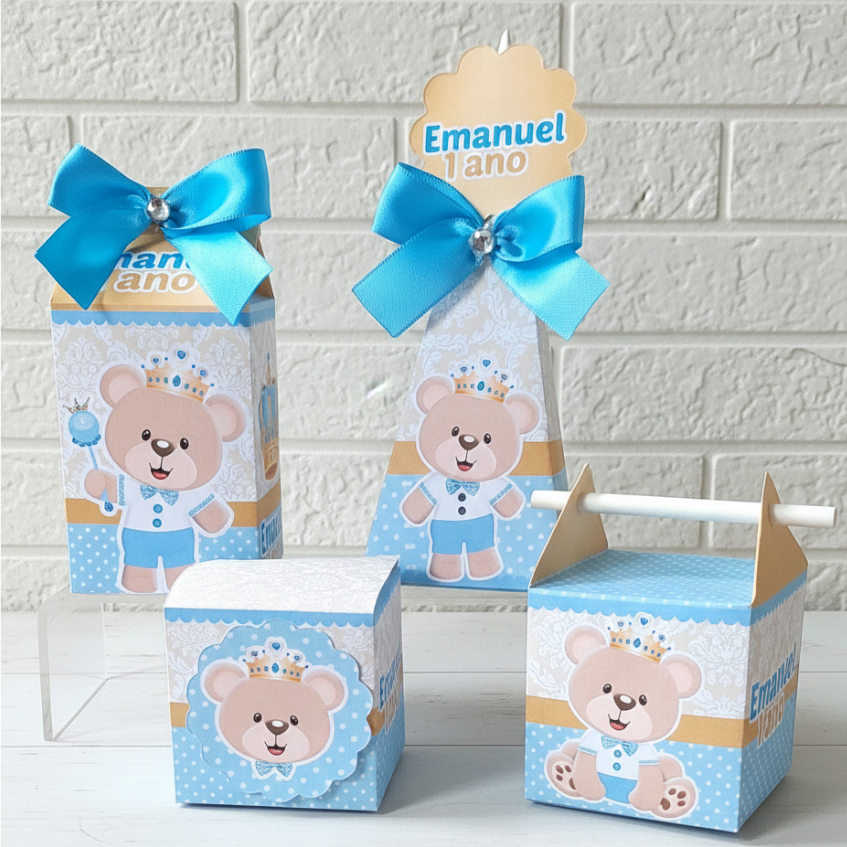 Kit Caixinhas Personalizadas Lembrançinha Festa Ursinho Realeza Príncipe azul Claro