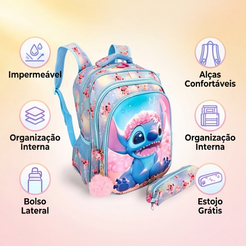 Mochila Escolar Stitch Premium • Presente Criativo para Meninos e Meninas • Estojo Grátis em Oferta na Shopee
