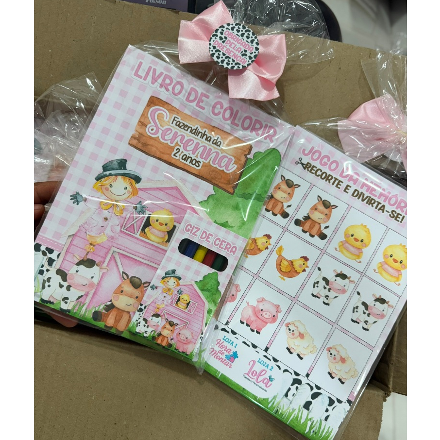 KIT COLORIR Personalizado Fazendinha Rosa | Lembrancinha Festa Infantil | Livrinho + Giz | FAZEMOS QUALQUER TEMA