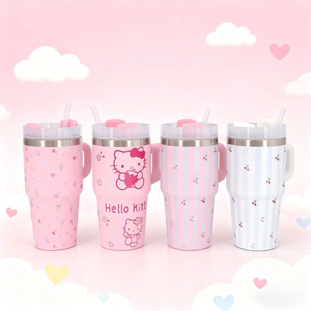 Copo Garrafa Térmico Inox Portátil 600ML 1200ML Com Canudo Alça Desenho flores Gatinho para Crianças