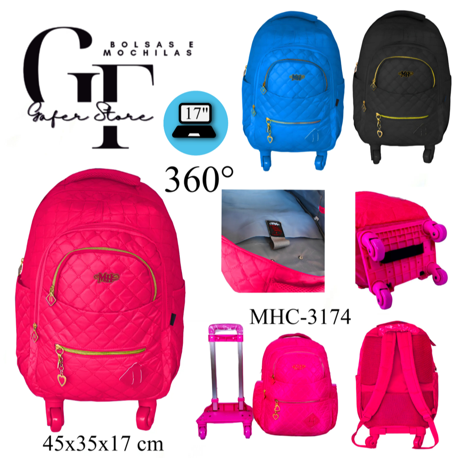 Mochila 17” Escolar Juvenil Estampa Coração 4 Rodinhas 360° Feminino MHC-3174
