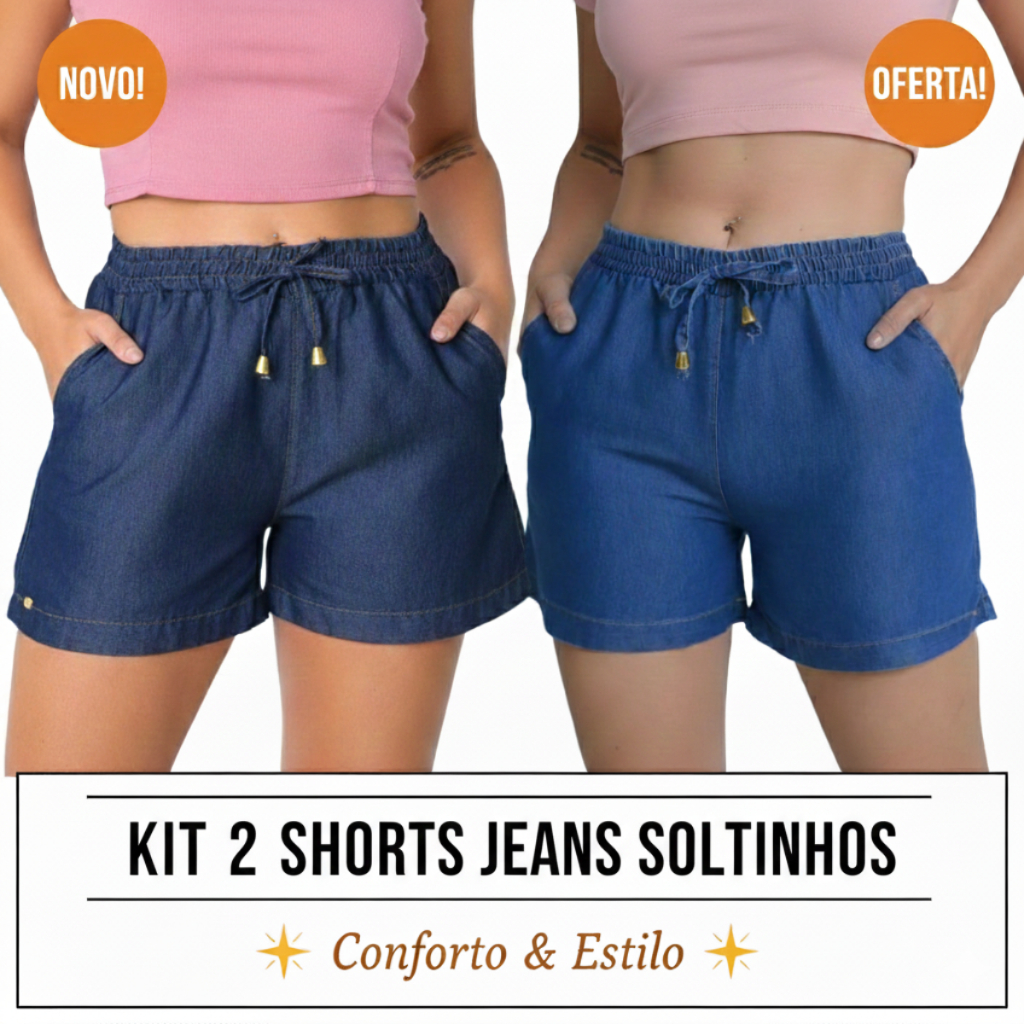 Short femininos, Kit com 2 peças, Bermuda soltinha casual, para o verão e dia quente, com elástico