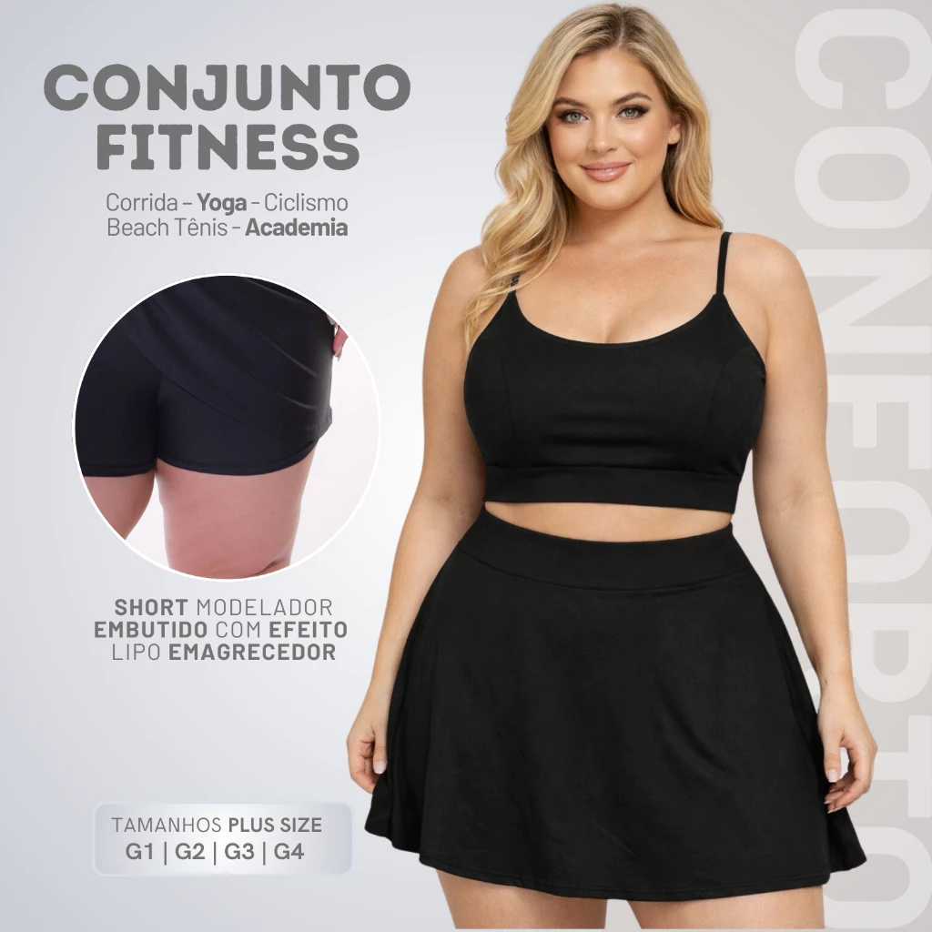 Conjunto Feminino Plus Size Fitness Top Short Saia Cintura Alta Verão — imagem 1