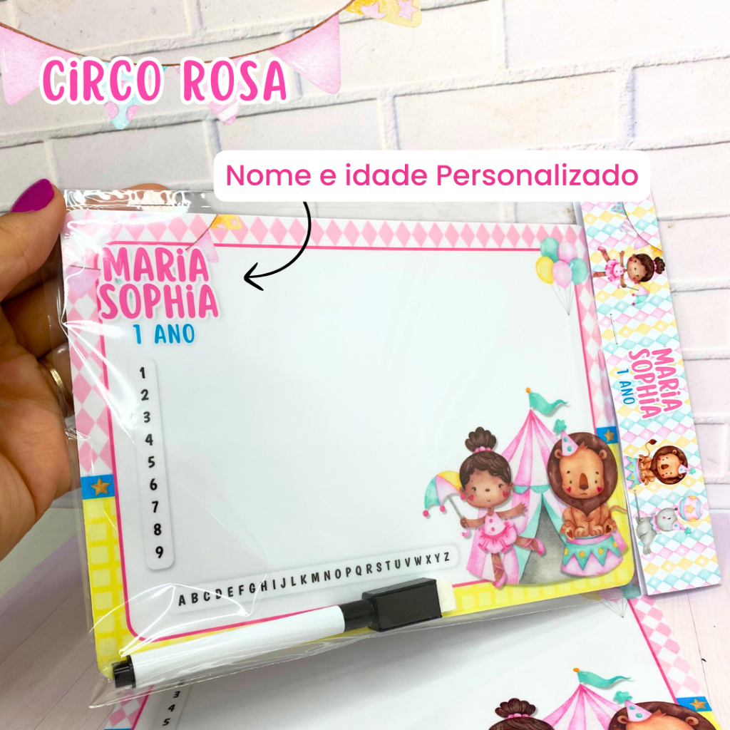 Lousa personalizada infantil CIRCO ROSA , lembrancinha com plastificação rígida (175 Mícrons) + CANETA COM APAGADOR