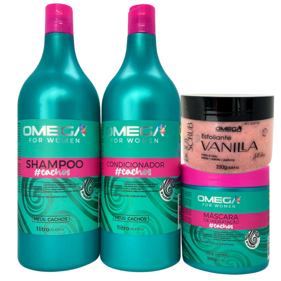 Tratamento Para Cacheados Shampoo Condicionador e Máscara Omega Hair e Esfoliante Corporal
