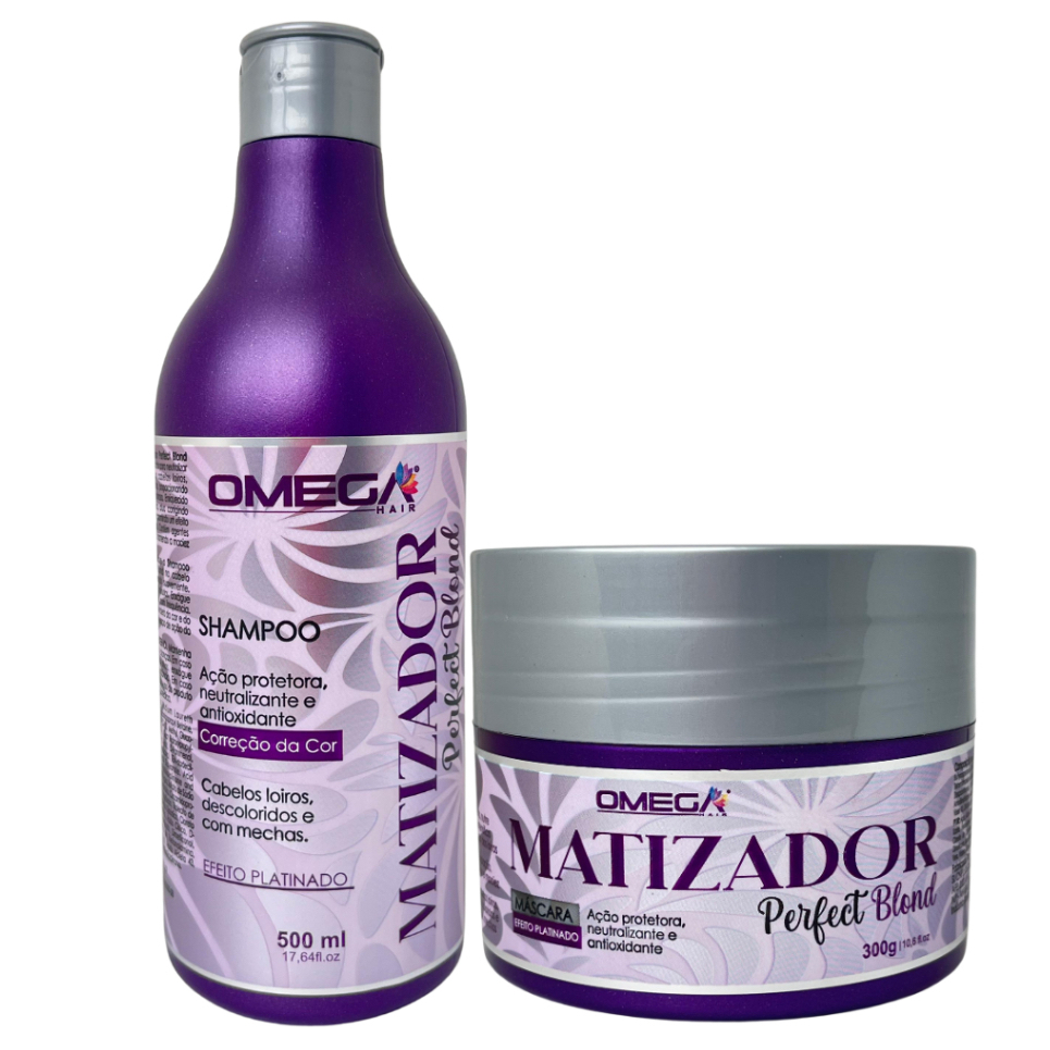 Kit Matizador PROFISSIONALPara Cabelo Loiro Shampoo 500ml e Máscara 300g Omega Hair