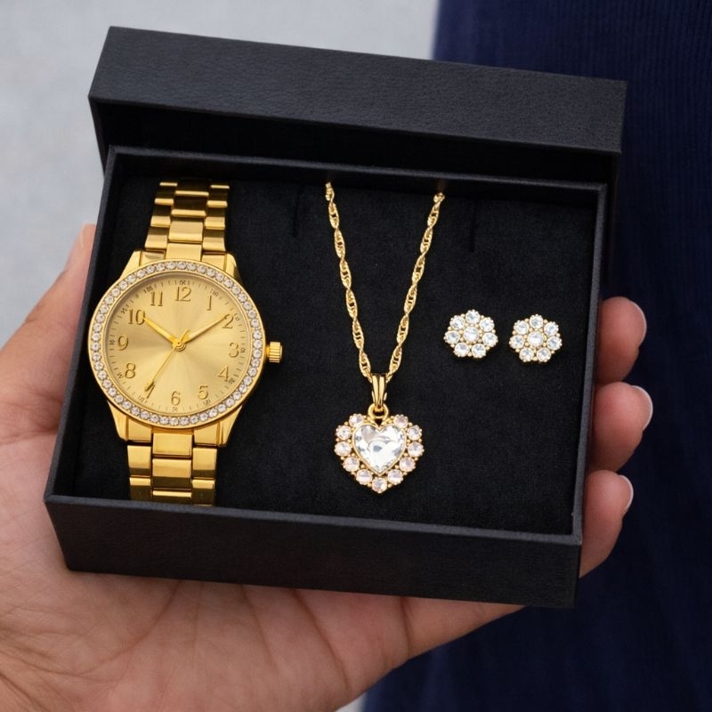 Kit Luxo Relógio + Colar + Brinco Dourado Feminino 💖 Presente 2.2 Frete Grátis em Oferta na Shopee