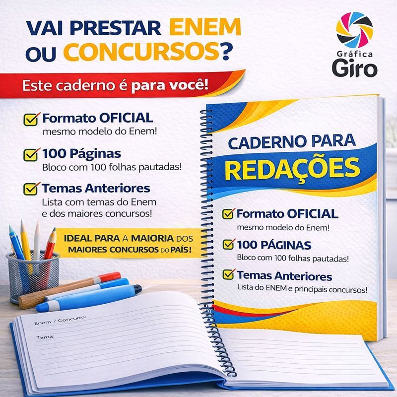Caderno para Redações com 100 folhas e relação de temas anteriores modelo Enem