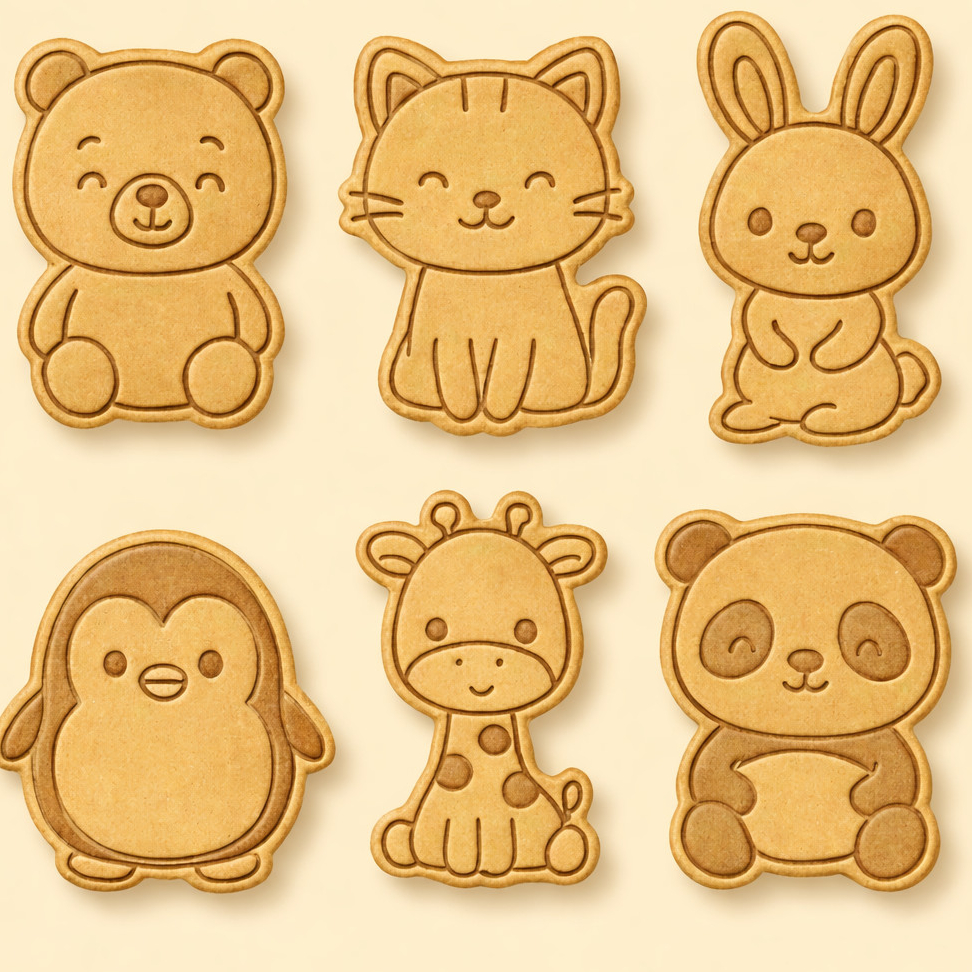 kit com 6 cortadores e marcadores de biscoitos tema animais fofos panda, pinguim, girafa, urso, coelho e gato