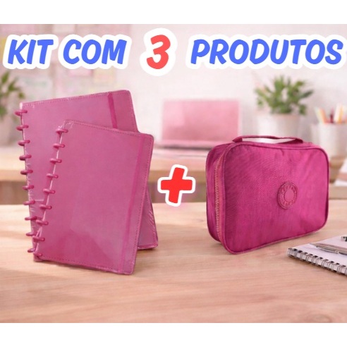 Kit Escolar com 3 Itens – 2 Cadernos de Discos Estilo Inteligente (B5+A5) + Estojo Grande 100 pens