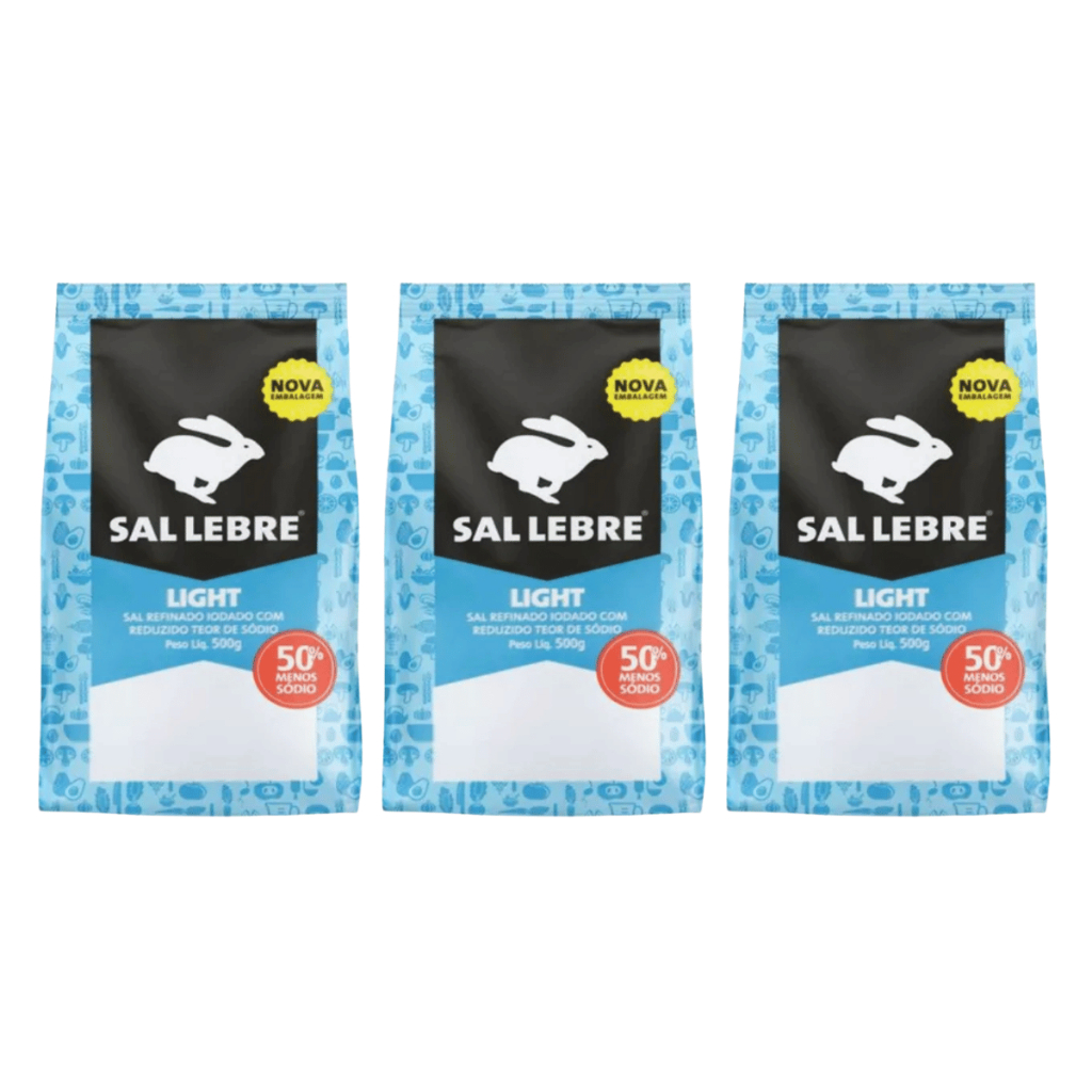 Kit 3 Sal Refinado Light Lebre 500g Reduzido Teor de Sódio 50% | Ideal Para Dietas