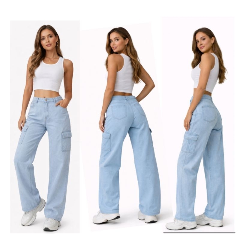 Calça Cargo Feminina Jeans Pantalona Cintura Alta Wide Leg Boca Larga Bolsos Laterais