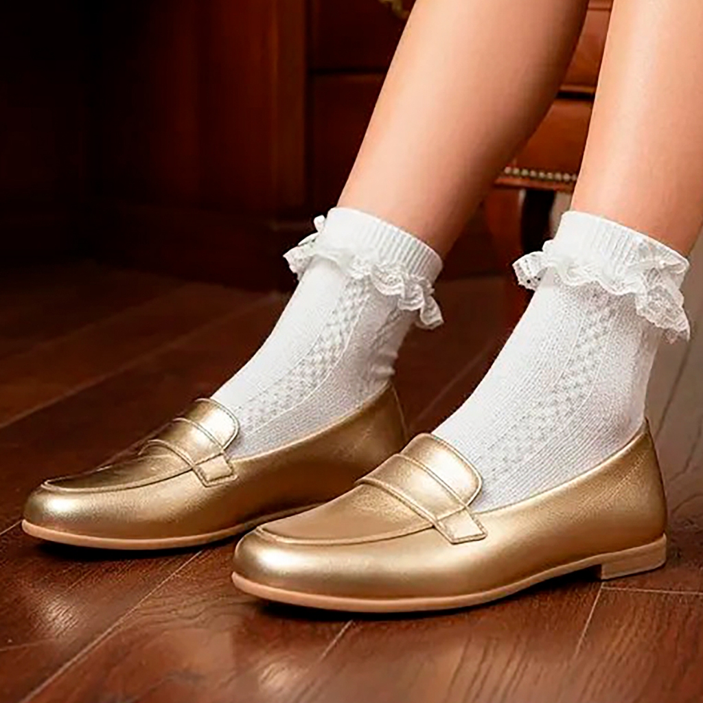 Kit Sapato Social Mocassim Feminino Infantil Escolar com Meia Renda e Laço Cetim