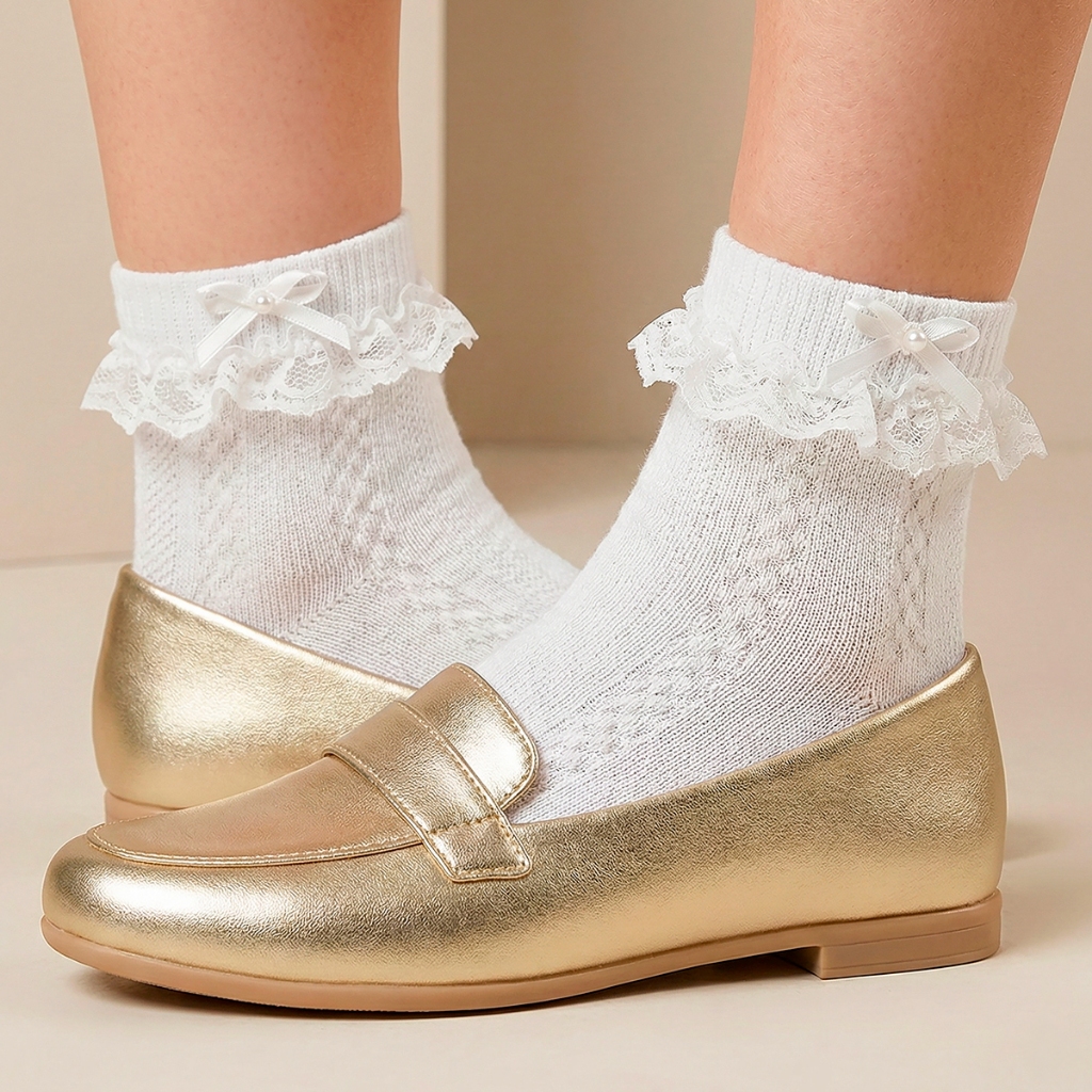 Kit Sapato Social Retrô Mocassim Feminino Meia Branca Laço Perola Vintage