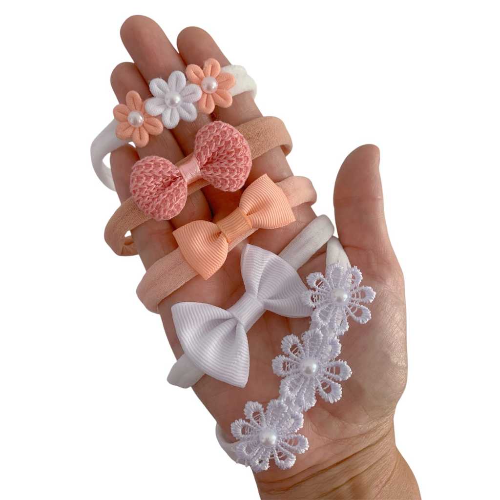 Kit Maternidade Bebês 5 Faixinhas Tons Salmão Tiaras RN Laços em Oferta na Shopee