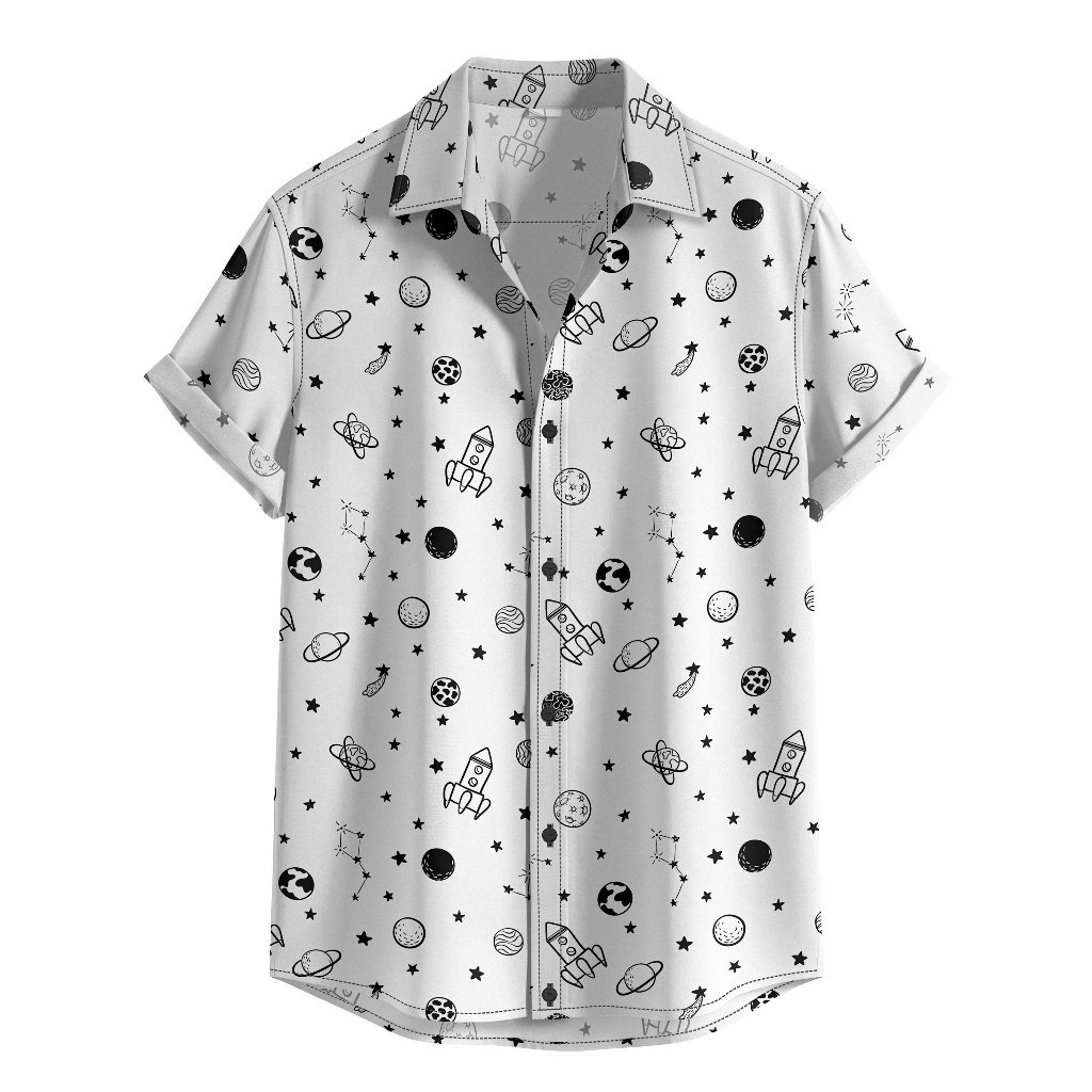 Camisa De Botão Camisa Moda Verão Estampa Espaço Planetas Universo Foguete Branca [Ref-469]