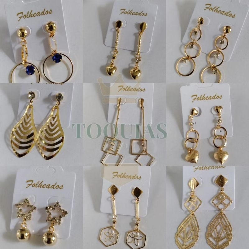 Kit 10 Pares Brincos Folheado Ouro 18 k Sortidos Super Leve e Confortável Penduradinho em Oferta na Shopee