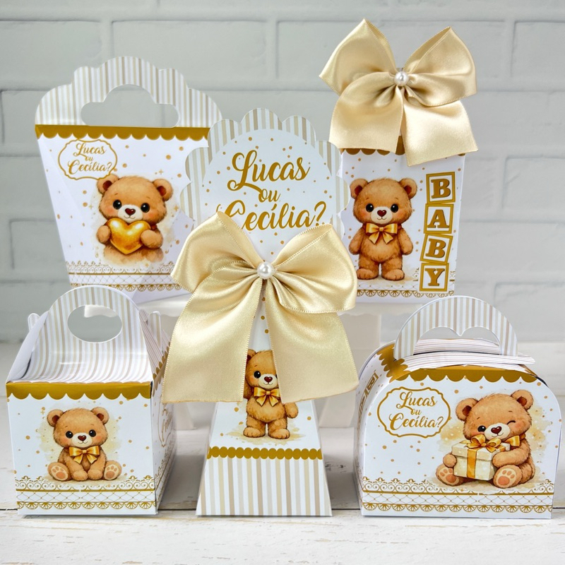 Kit Caixinhas Personalizadas para Chá Revelação Neutro Ursinho Bebê Dourado - Festa Infantil Lembrancinhas