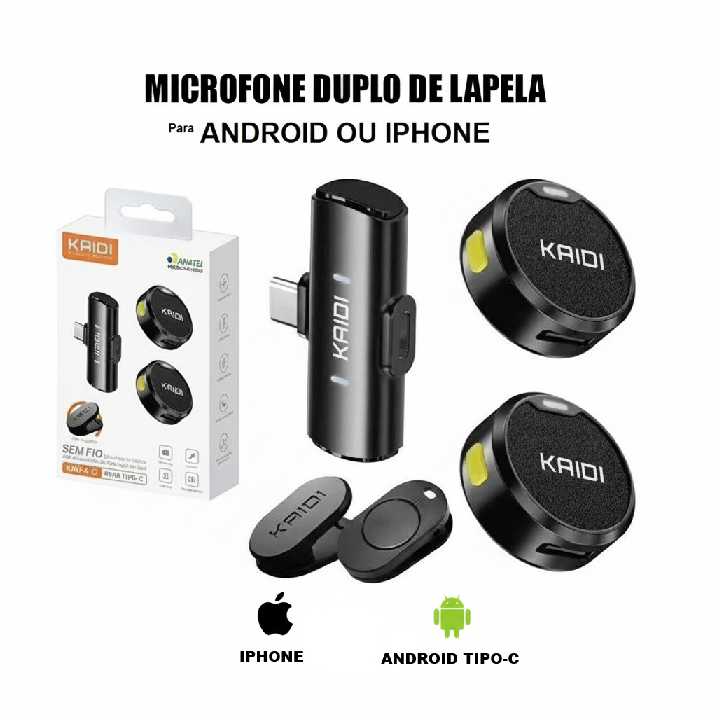 Microfone Profissional Sem Fio Duplo Lapela Redondo para Iphone ou Android Kaidi