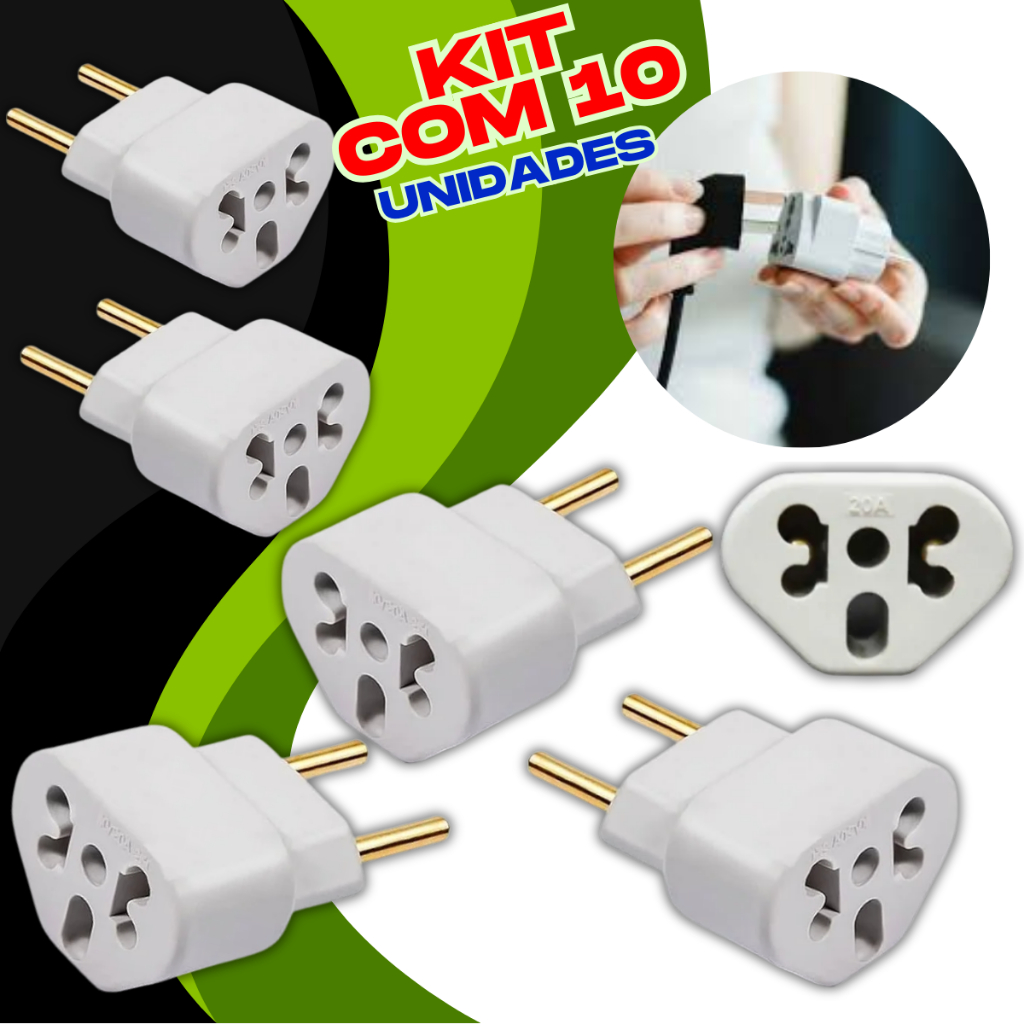 Kit 5 Adaptador de Tomada Benjamim Universal 10A e 20A Pino Maciço Reforçado