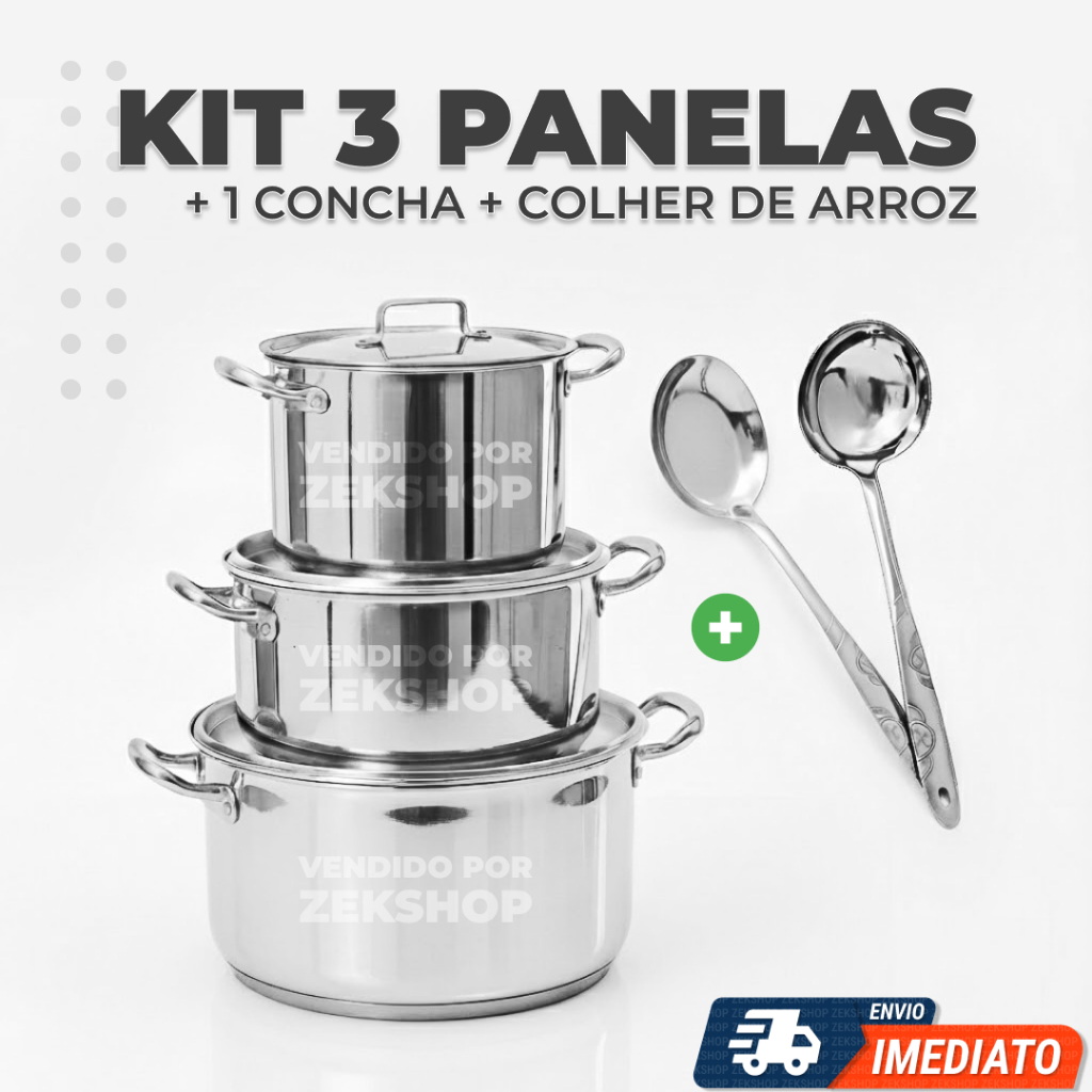 Kit 3 Panelas Grandes + Concha/Colher/Escumadeira Caldo Feijoada Jogo de Peças Caçarola em Alumínio ENVIO IMEDIATO FULL