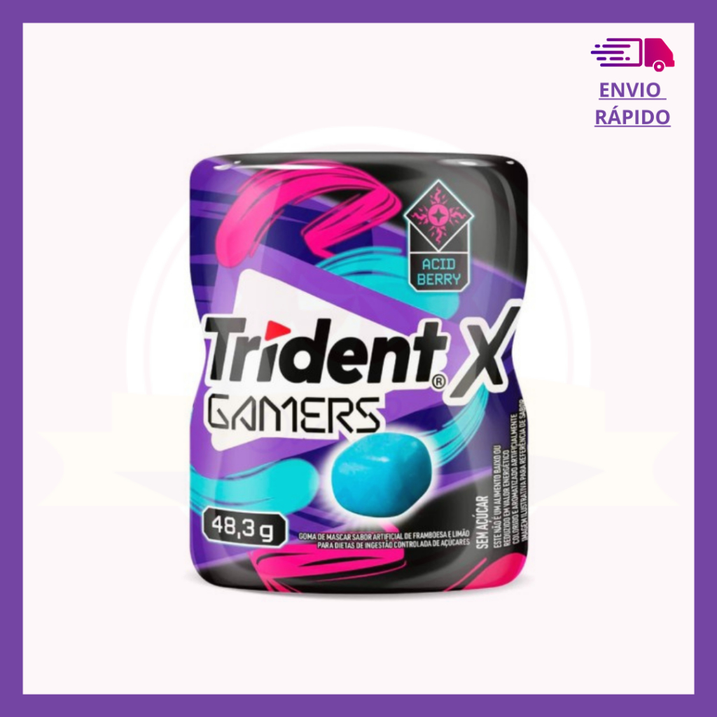 Trident X Gamers Acid Berry Chiclete Sem Açúcar Sabor Ácido Intenso Framboesa Limão 48,3g Goma de mascar Garrafinha