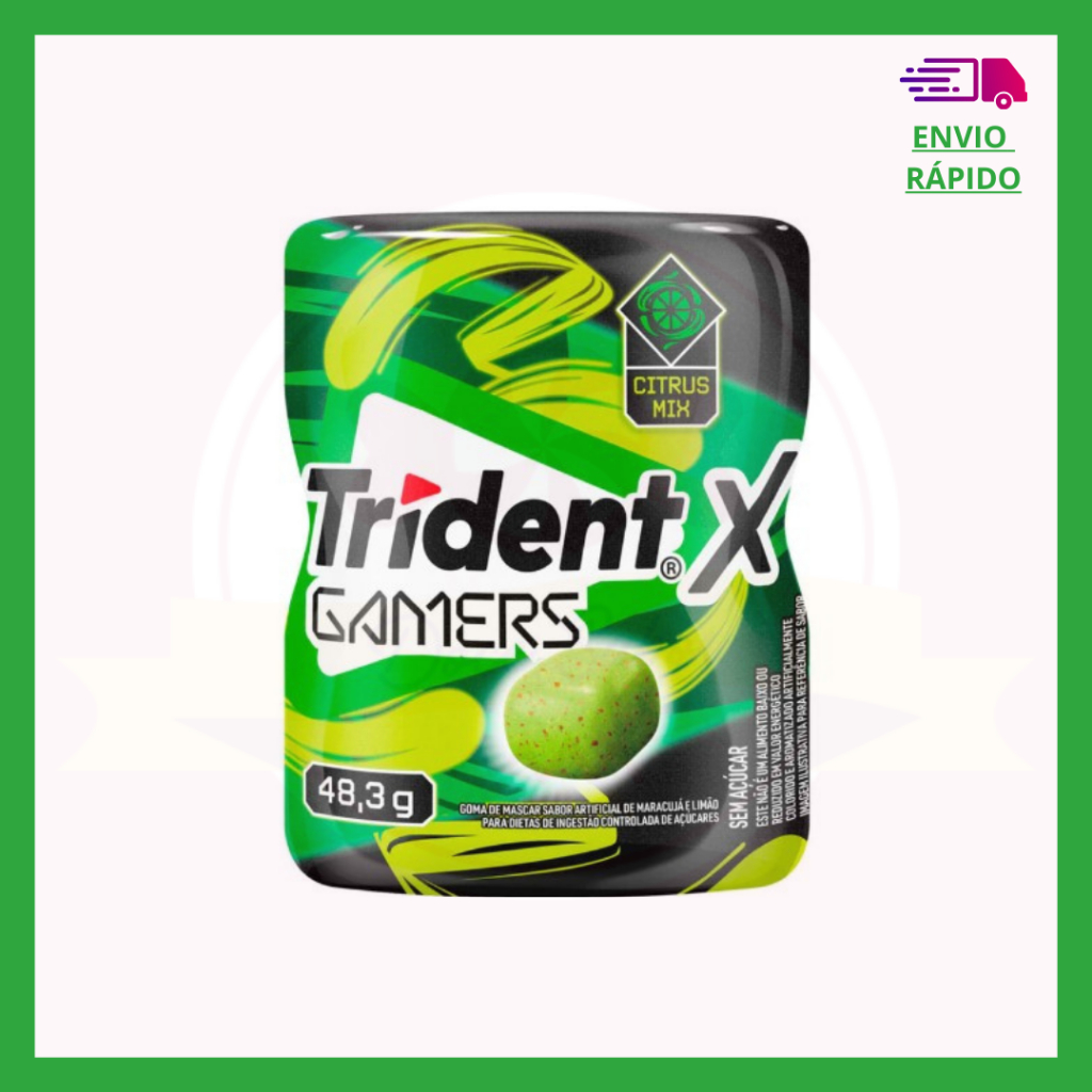 Trident X Gamers Citrus Mix Chiclete Sem Açúcar Sabor Cítrico Intenso Goma de Mascar Limão Maracujá 48,3g Garrafinha