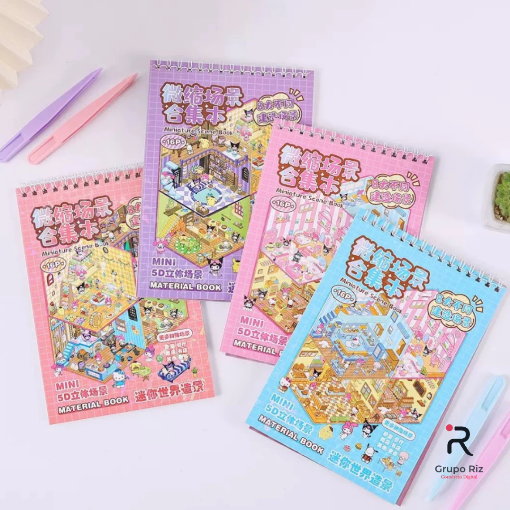 Livro Interativo Adesivos 3d 8 Cenários para montagem + Pinça - Caderno para Montar e Decorar