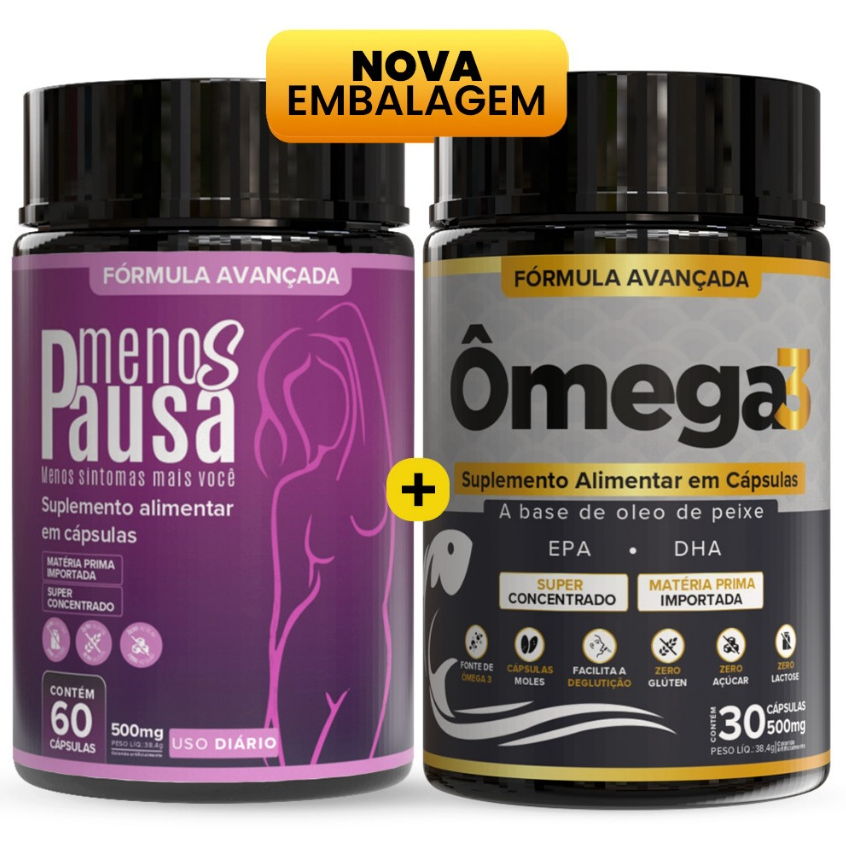 Kit Saúde Feminina Ômega 3 + Menos Pausa | Alívio da Menopausa e Saúde do Coração - 2 Potes em Oferta na Shopee
