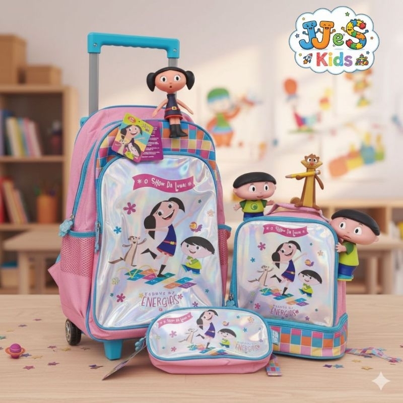 Kit Mochila Holográfica  O Show Da Luna Rodinhas Carrinho + Lancheira e Estojo Escolar Infantil Rosa ou Lilás