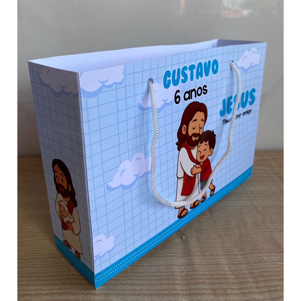 Sacolinha Surpresa G Jesus Meu melhor amigo Azul Personalizada com nome Festa Infantil Chá Aniversário Lembrancinhas