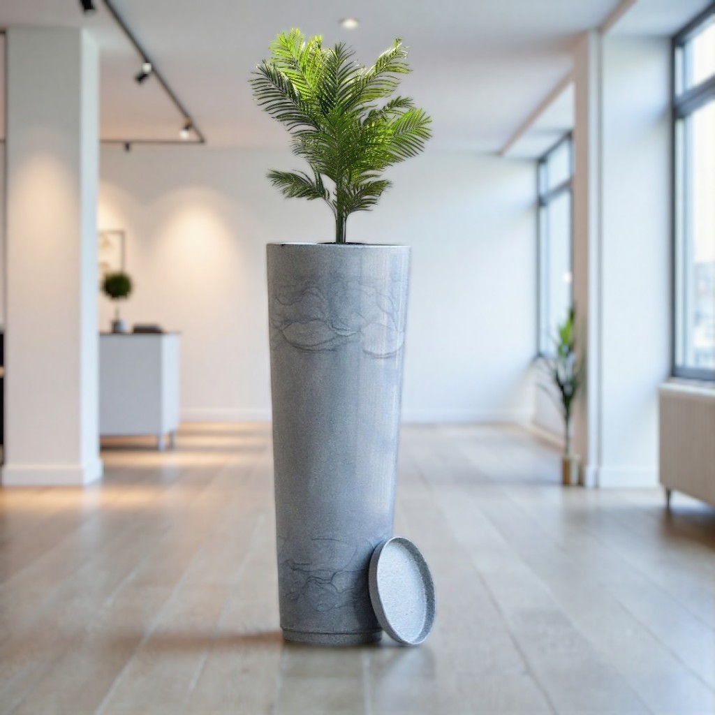 Vaso de Planta Decorativo Alta Grande 70×26 Coluna Ibiza Slim Marmorizado Liso Polido com Prato