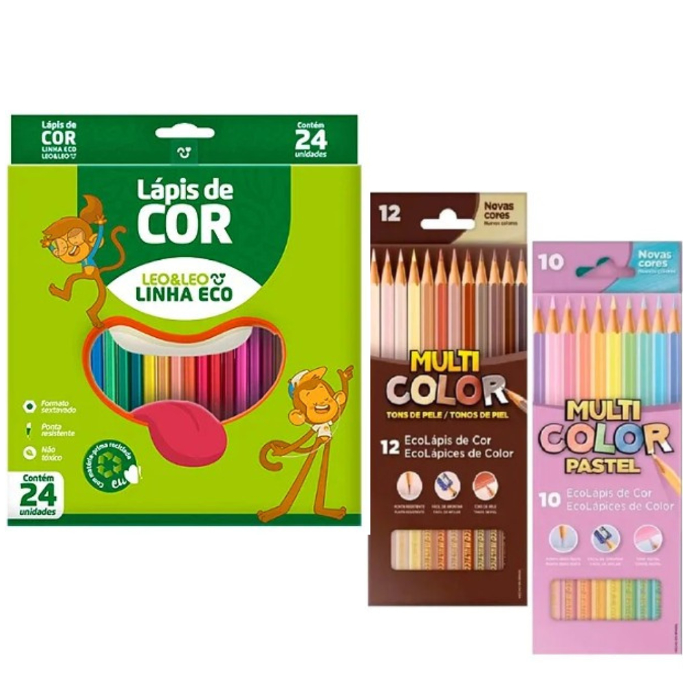 Caixa 24 Lápis de Cor Eco Leo & Leo+Multicolor Tons Pasteis e Tons de Pele em Oferta na Shopee