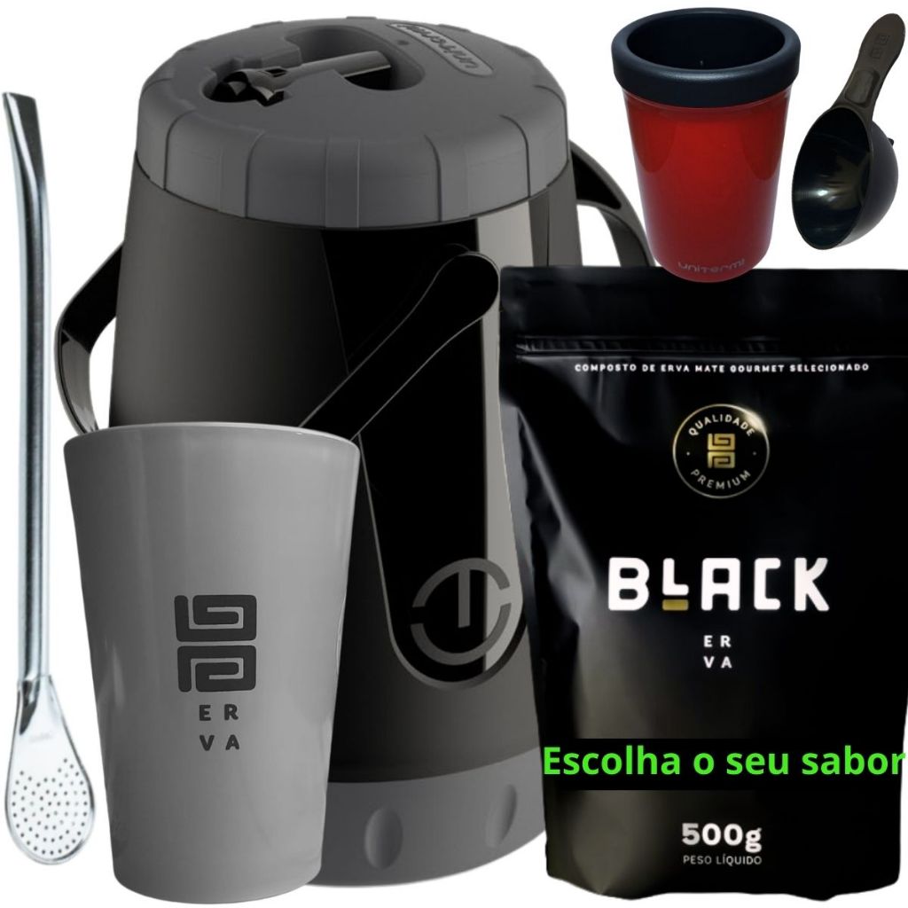 Kit Para Tereré Black Erva Mate 500g Garrafa Pávia Lisa Copo Acrílico Cinza Bomba de Ferro Cromada